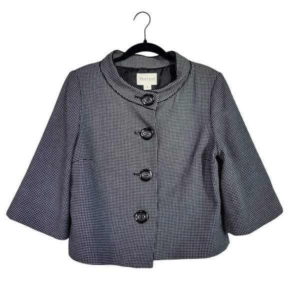 White House Black Market Cropped Gingham Big Button Blazer Jacket Wide Slv Sz 14 - Picture 1 of 13